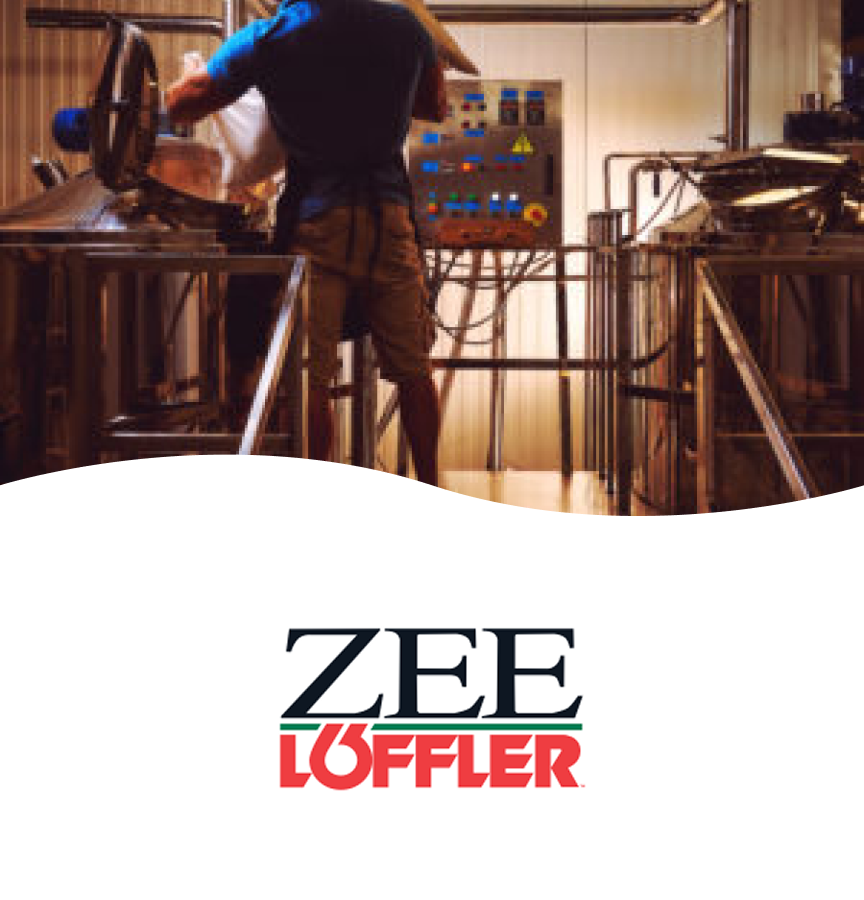 A person working on machinery in a factory, with control panels and industrial equipment in the background, and a logo for Zee Löffler at the bottom.