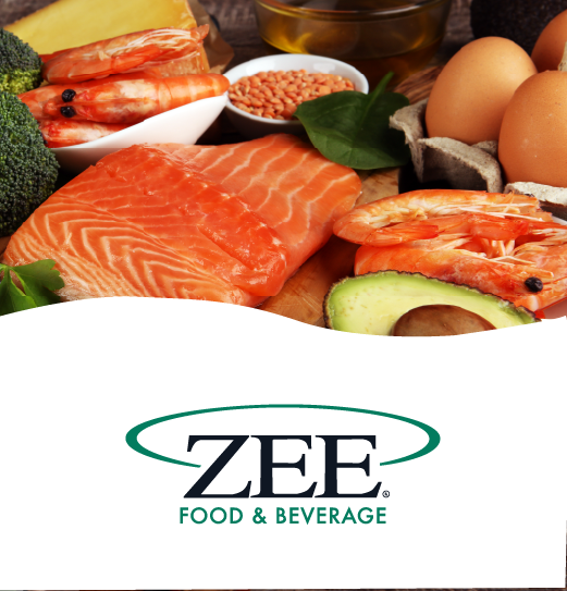Fresh salmon fillet, shrimp, eggs, avocado, broccoli, pineapple, and lentils on a wooden surface with ZEE Food & Beverage logo below.
