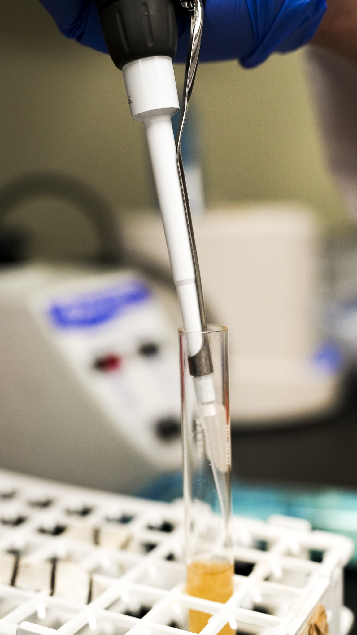 Laboratory scene with a pipette transferring a small amount of orange liquid into a test tube.