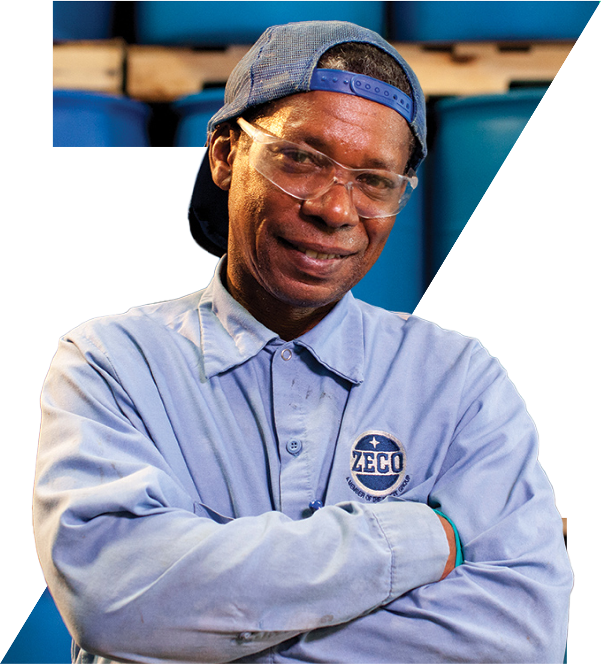 A man wearing safety glasses and a blue baseball cap backwards, smiling, with arms crossed, in a blue uniform with ZECO logo, standing in front of blue industrial tanks.