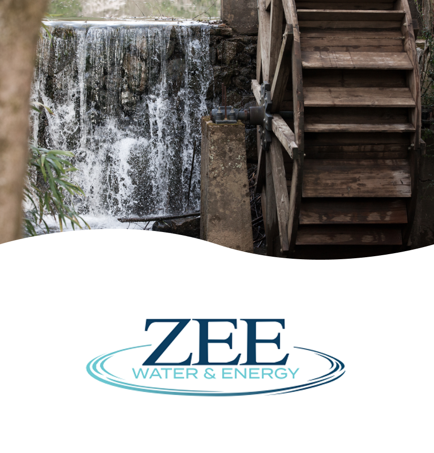 A water wheel beside a waterfall, with water flowing over rocks, and the ZEE Water & Energy logo below.