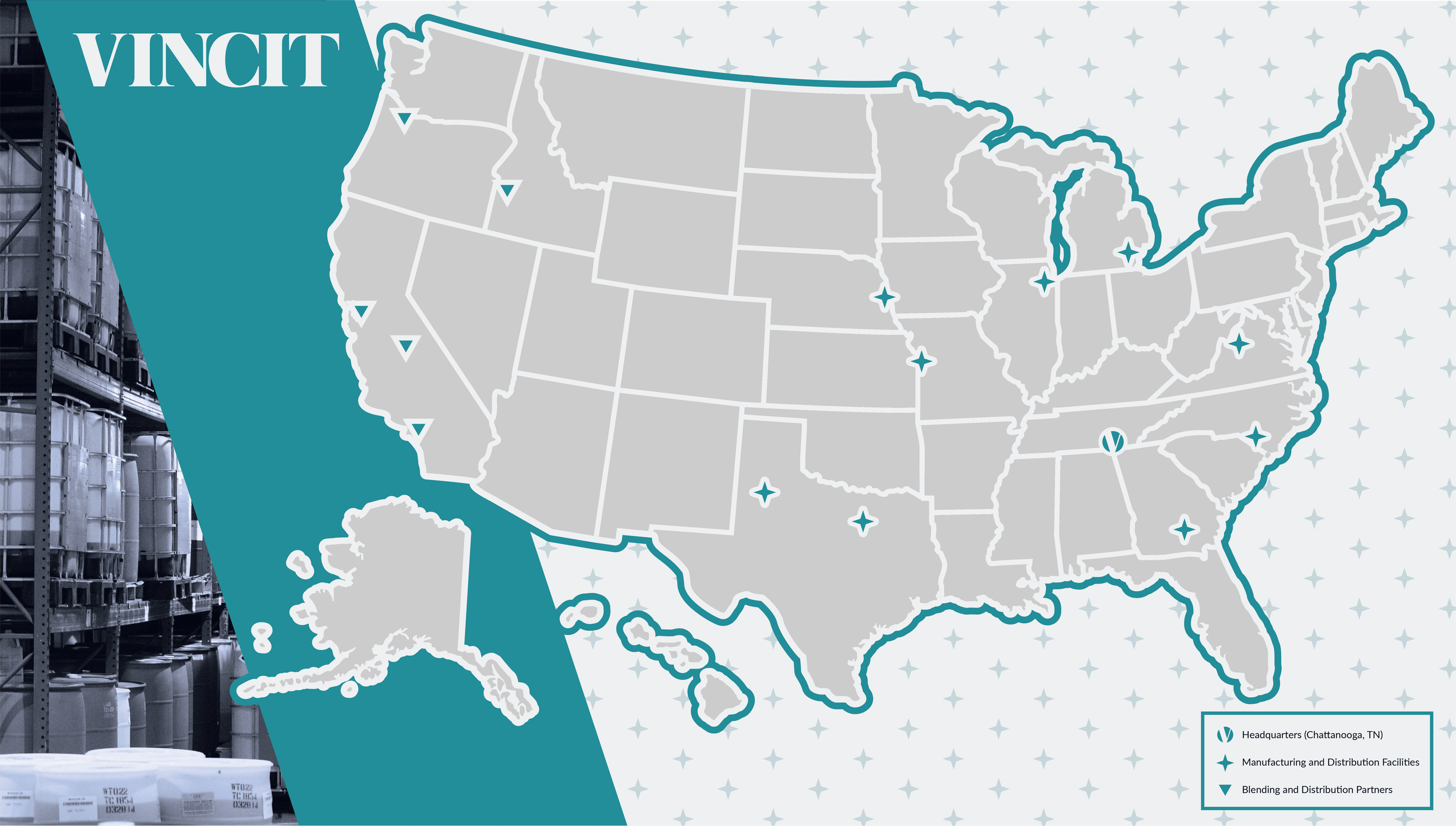 Map of the United States showing locations of Vinci facilities, including headquarters in Chattanooga, TN, manufacturing and distribution facilities, and blending and distribution partners.