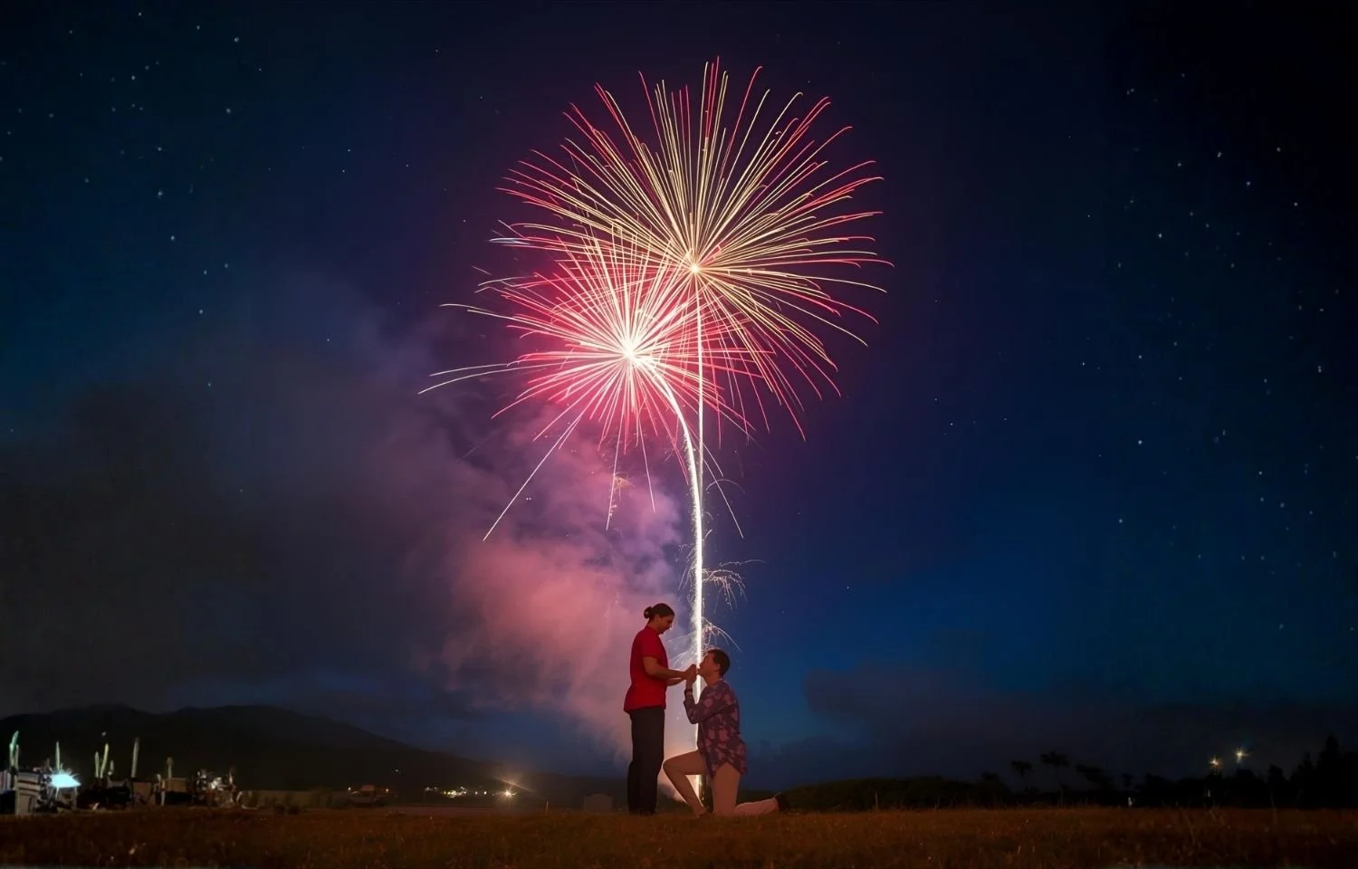 Nighttime marriage proposal under fireworks, romantic outdoor engagement moment for couples. Perfect inspiration for unique wedding planning celebrations.