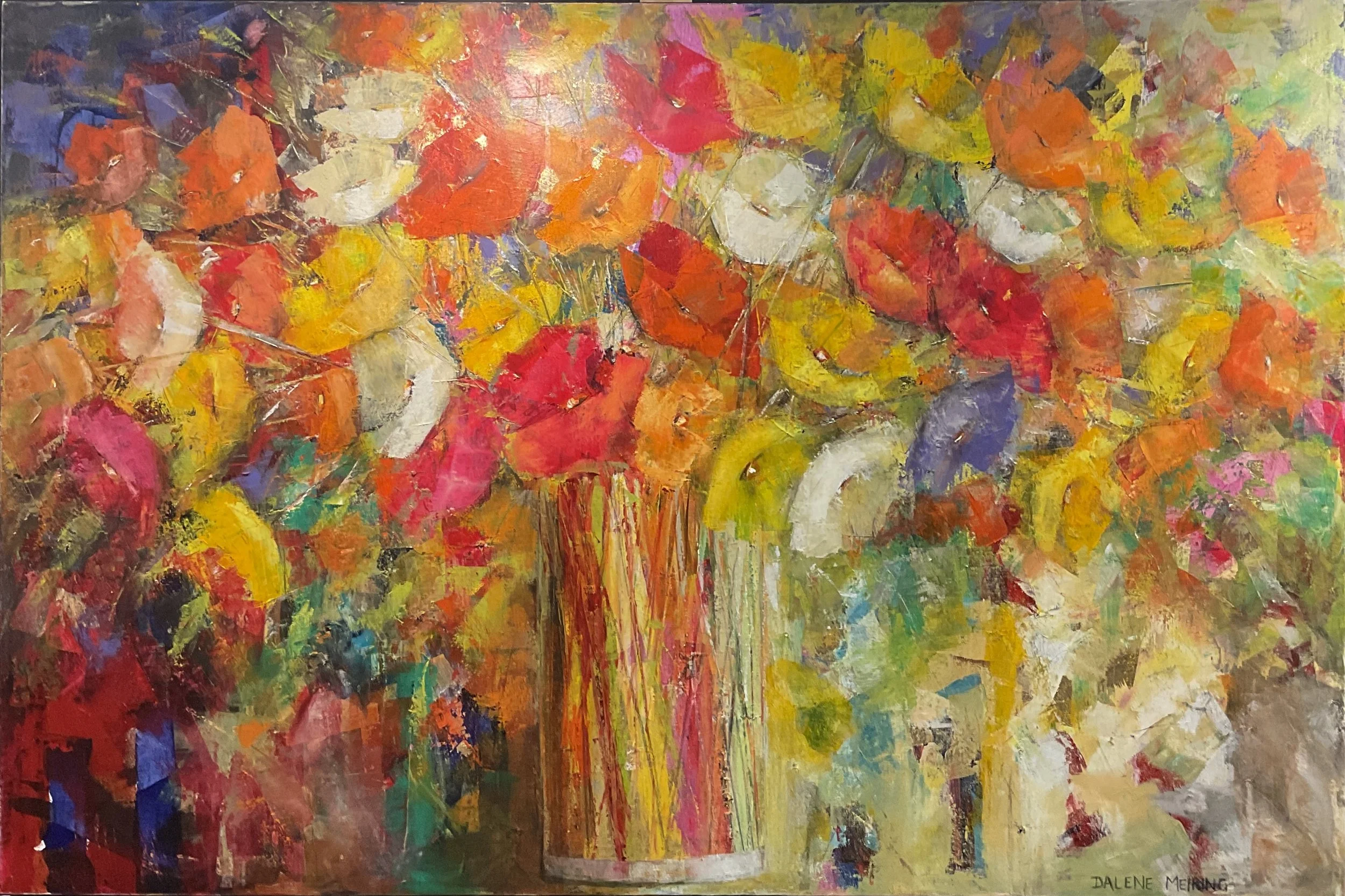 An abstract painting of a colourful bouquet of flowers in a vase, using bold brush strokes and vibrant colours including red, yellow, orange, pink, white, purple, green, and blue.