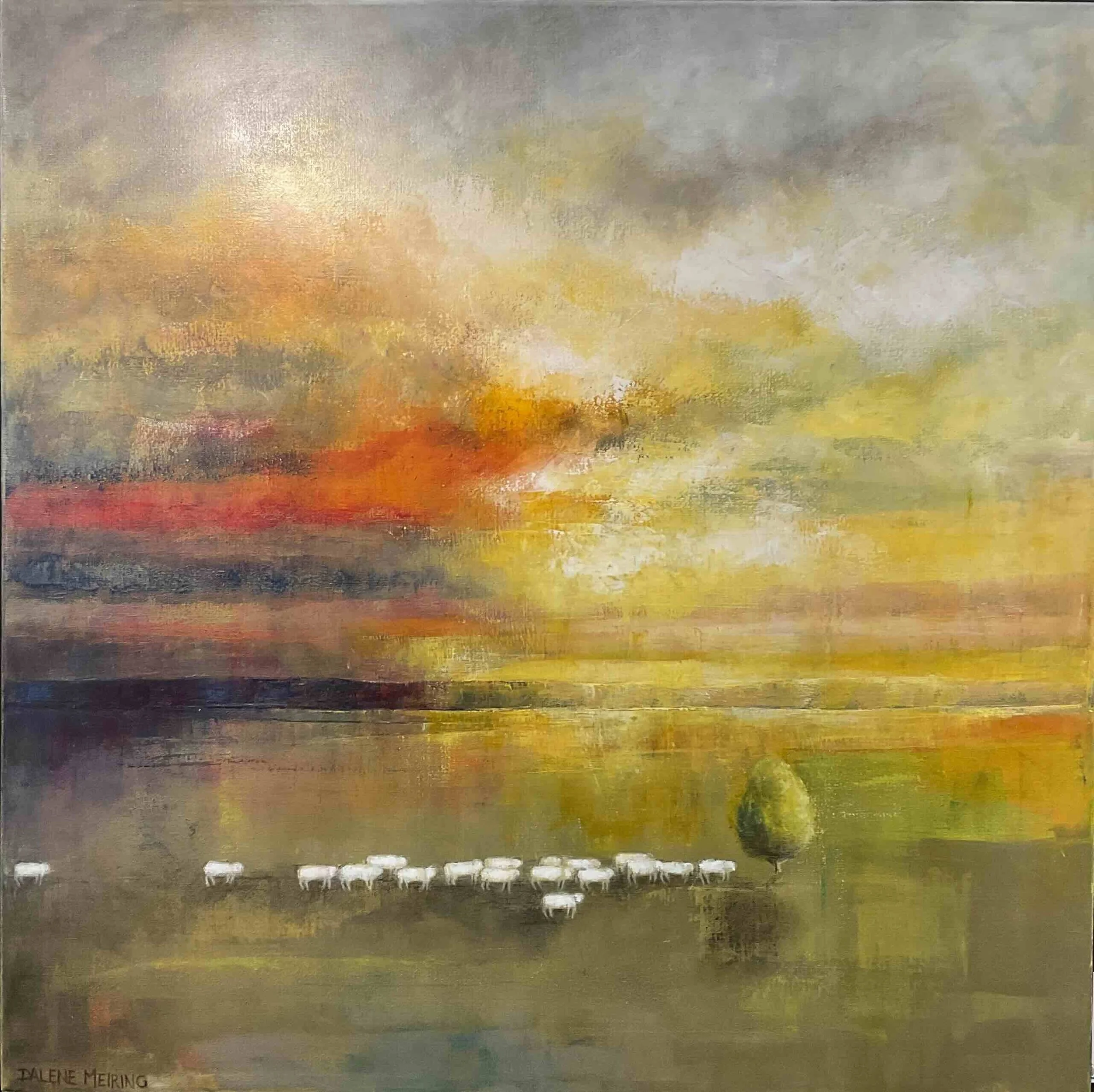 A colorful abstract painting of a sunset over a field with sheep and a single tree, with soft blended brushstrokes and warm tones.