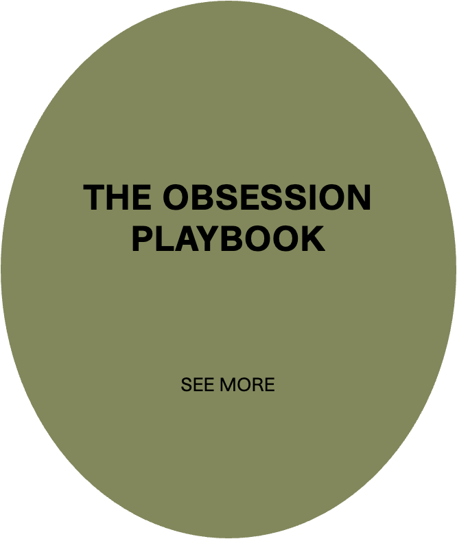 Green oval with bold black text reading 'The Obsession Playbook' and smaller text below saying 'See More'.