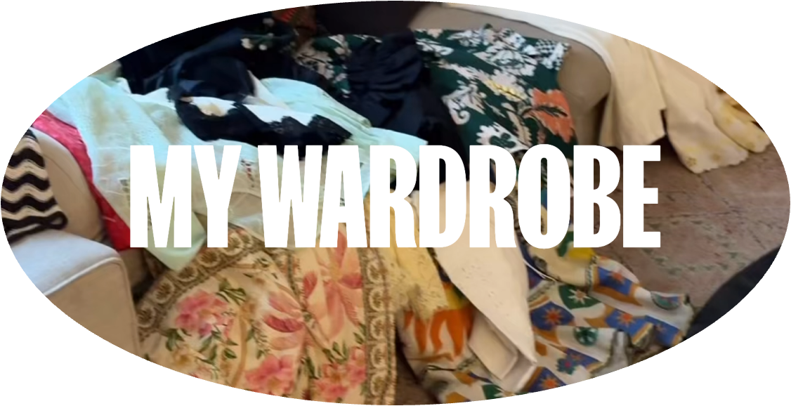 A cluttered sofa with various blankets and clothes, with the words 'MY WARDROBE' overlaid in large white text.