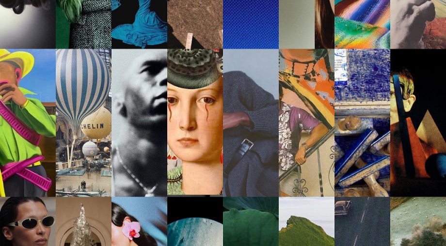 A collage of various colorful and artistic images, including a hot air balloon, a person with sunglasses, abstract patterns, nature scenes, and artistic portraits.