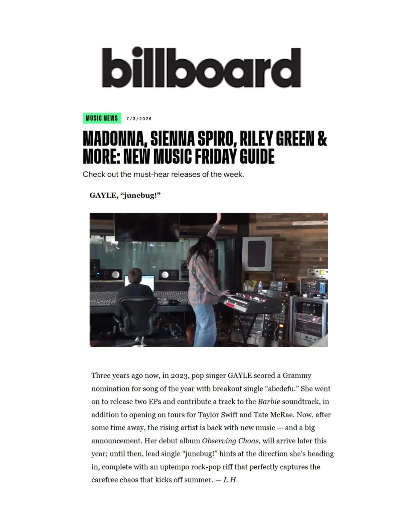 GAYLE's new single "junebug!" is featured in @billboard's New Music Friday guide! 🧡
Check out "junebug!" now and stay tuned for GAYLE's debut album, Observing Chaos, arriving later this year. ⚡️

#newmusic #newmusicfriday #pop #p