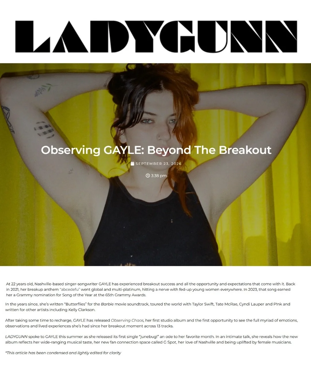 GAYLE talks Observing Chaos, finding freedom in experimentation, her Nashville roots, and the experiences that shaped her debut album in a new feature with LADYGUNN. 🖤
#newalbum #newmusic #gayle