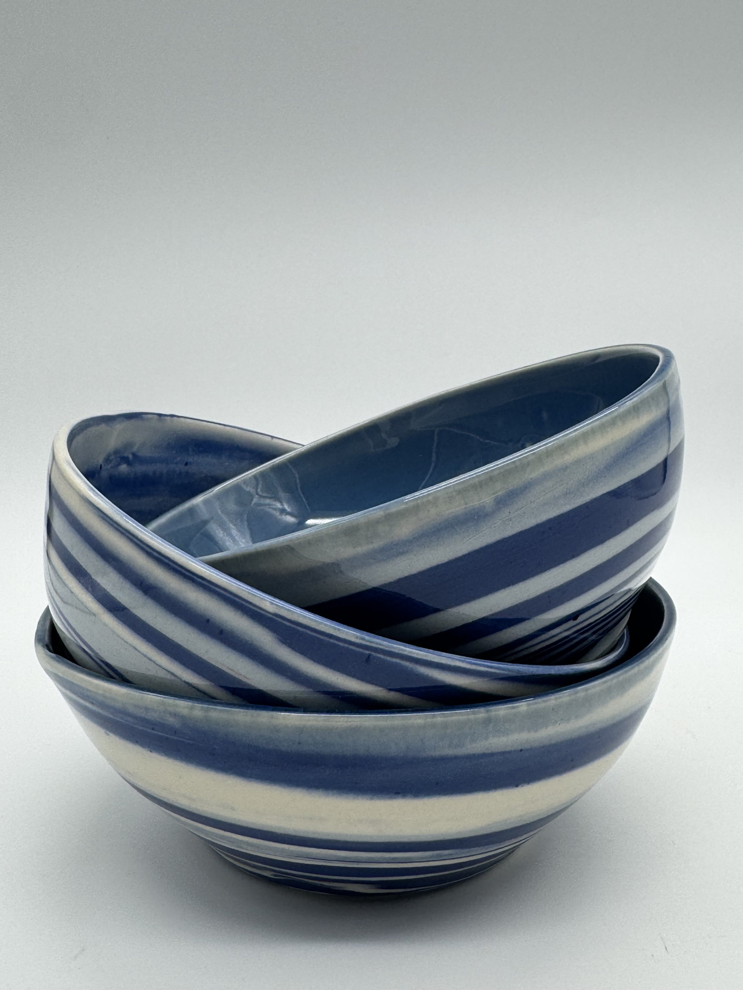 🖤 Off-Center Trio — Small Blue + Cream Striped Bowls