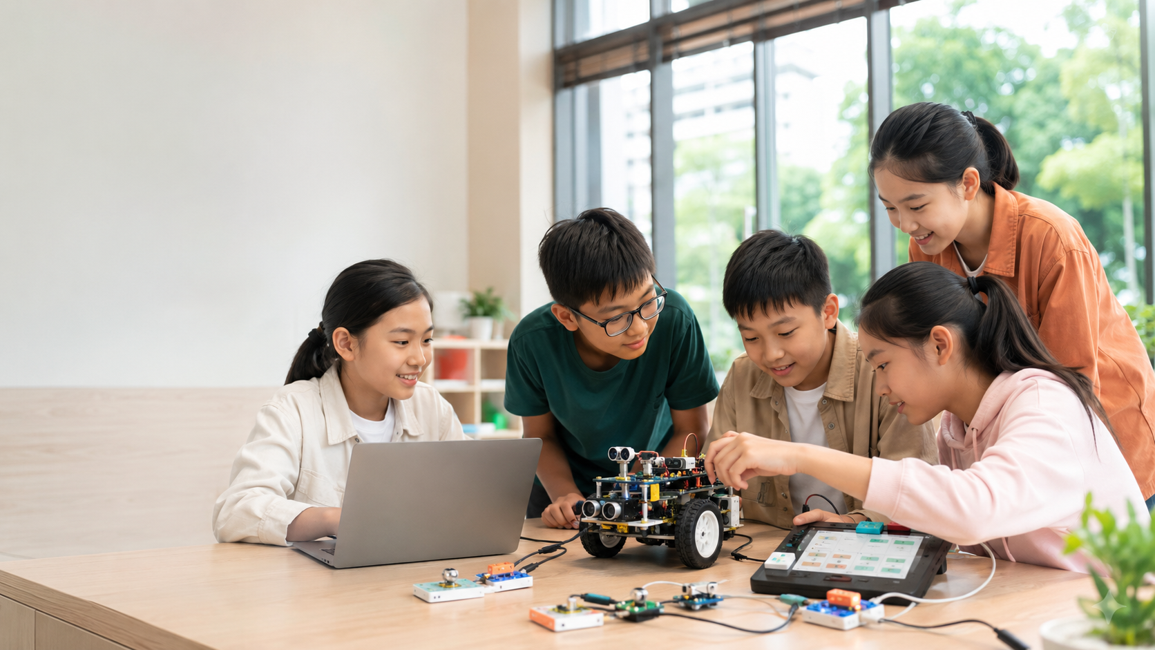 Asian students building and programming an educational robot in a classroom