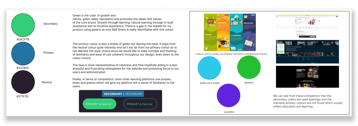 Educational infographic about green, blue, and purple colors, including their meanings and uses in branding and design, with example visual themes and color swatches.