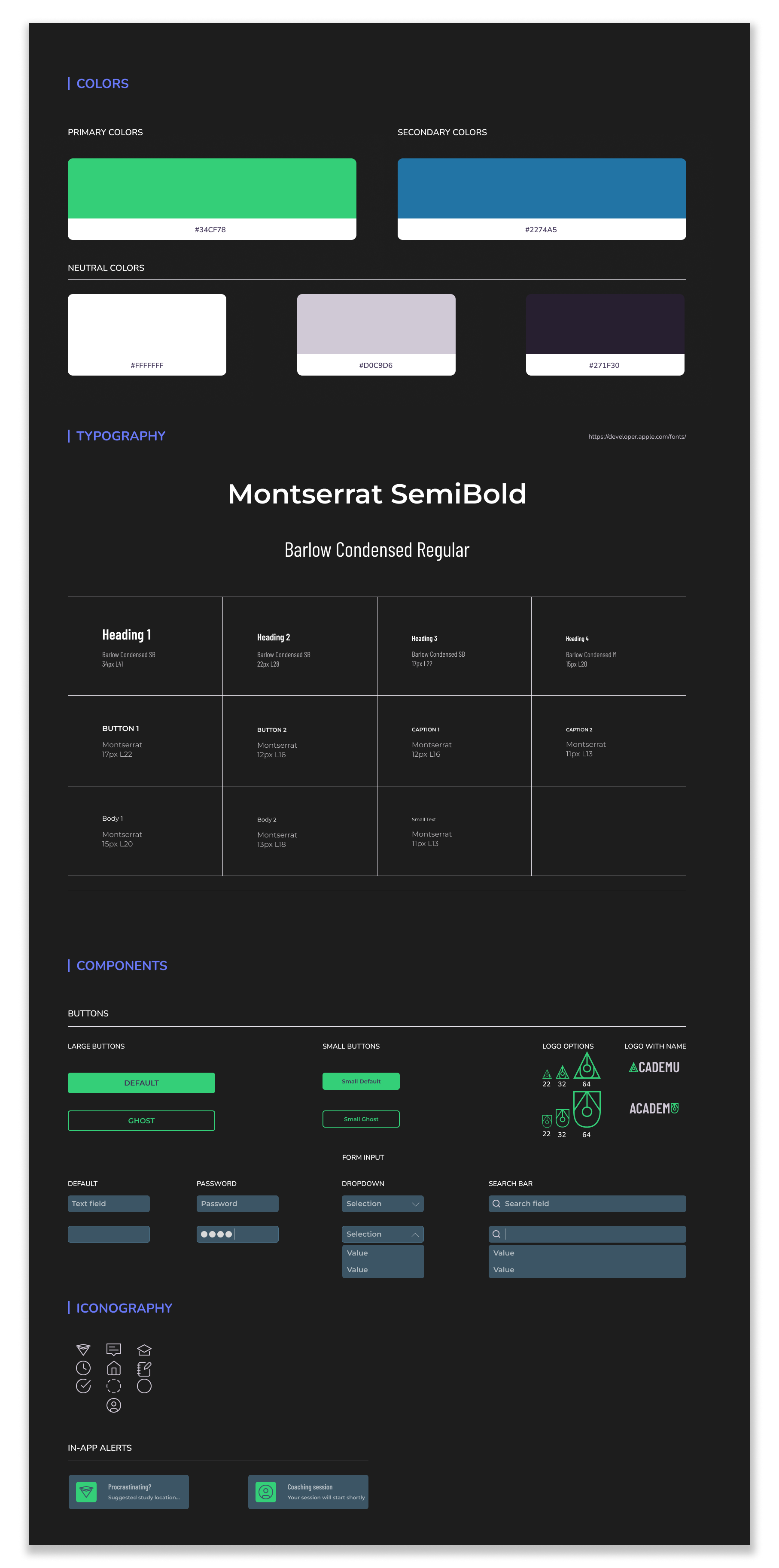 An interface design guide showing color palettes, typography details, button styles, iconography, and in-app alert icons for a digital application. The color palette includes primary, secondary, and neutral colors with their hex codes. The typography uses Montserrat SemiBold with various heading and body styles. The component section features large and small button styles, form input fields, dropdowns, and search bars. Iconography illustrations and in-app alert icons with descriptions are also displayed.