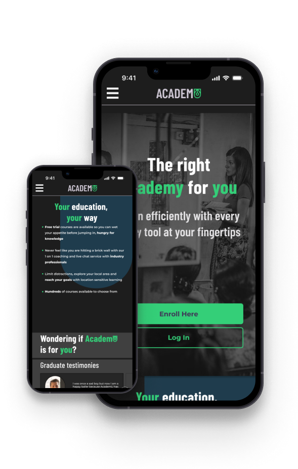 A smartphone displaying a website for an educational platform named 'Academy', featuring options to enroll or log in, with a background image of a woman presenting in a classroom.