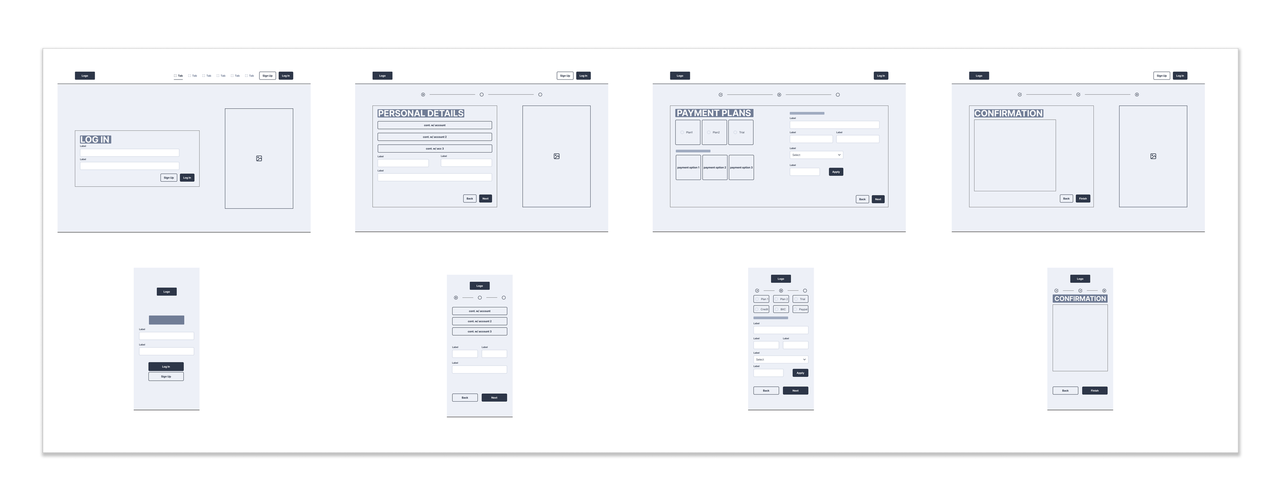 Wireframe sketches of a mobile app and website interfaces showing login screens, personal details forms, payment plan options, and confirmation screens.