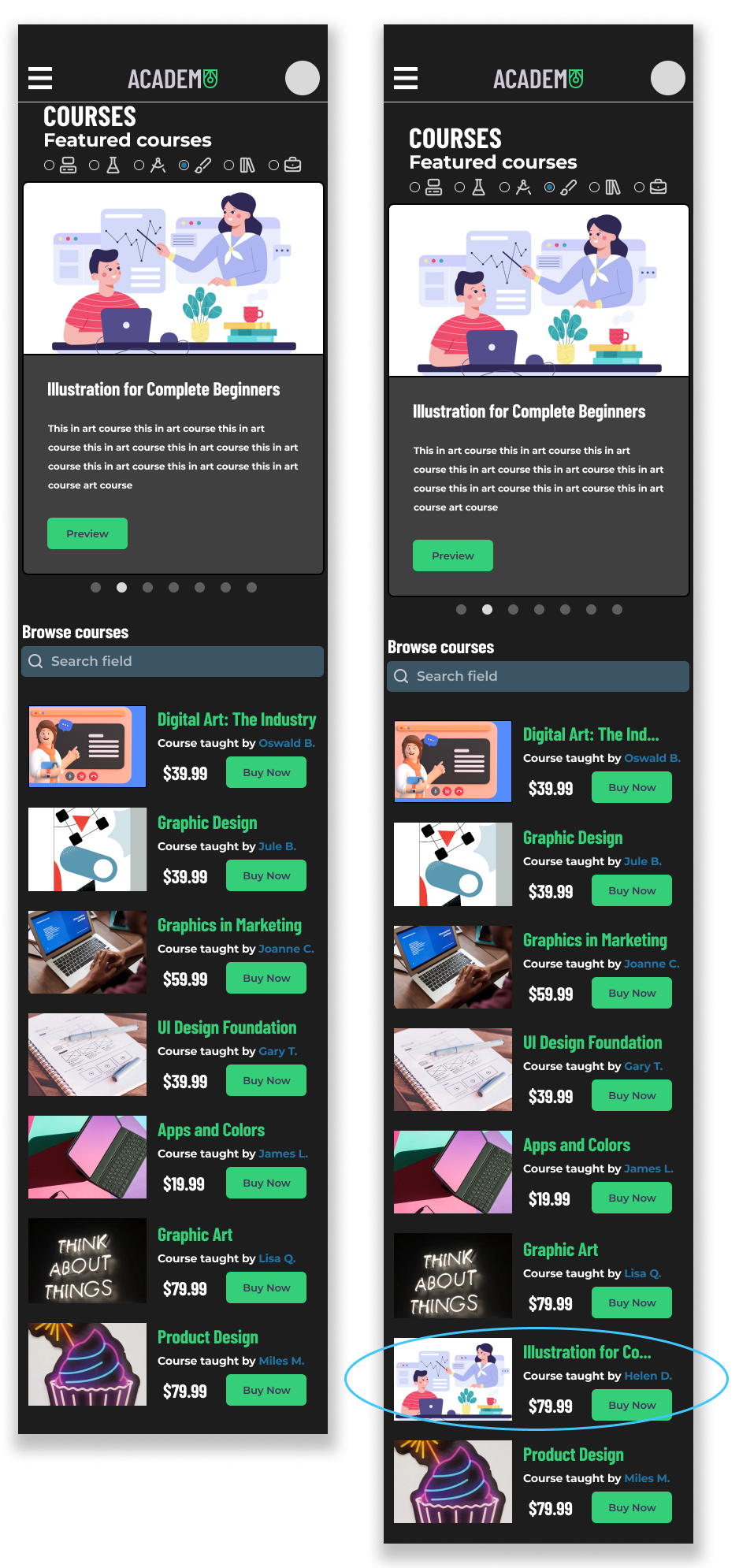 Mobile app interface displaying online courses, featuring a header with navigation icons, course categories, a promotional banner with an illustration of a teacher and student, a list of courses with images, titles, instructors, prices, and buy buttons, and a search bar for browsing courses.