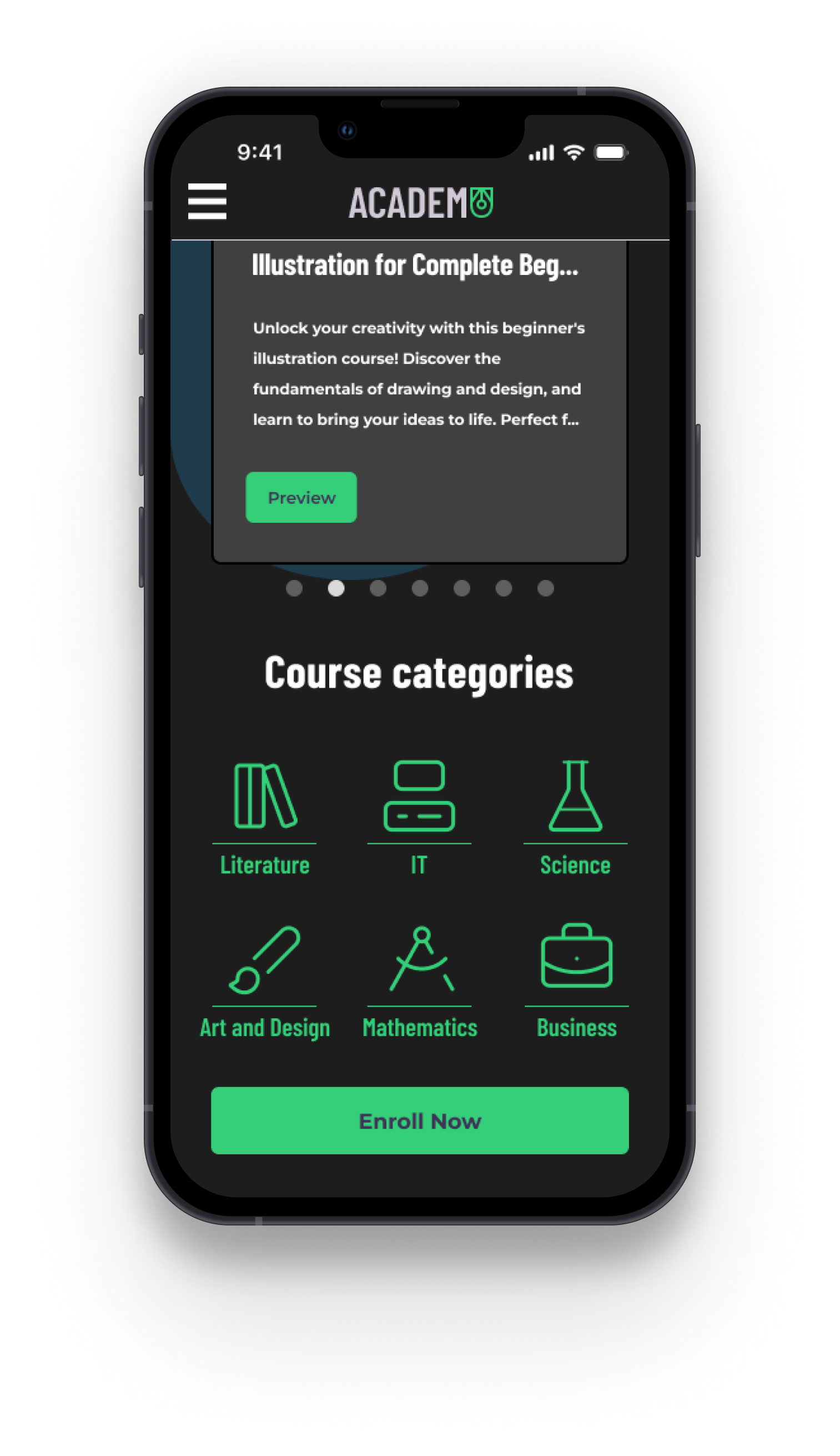 Mobile app screen showing course categories including Literature, IT, Science, Art and Design, Mathematics, and Business, with an 'Enroll Now' button at the bottom.
