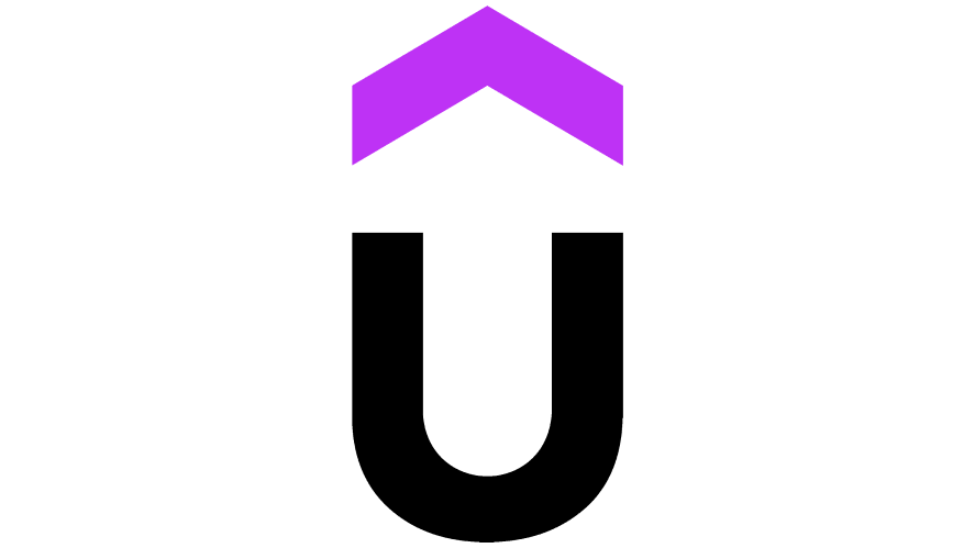 A simple graphic with a purple upward arrow and black lines forming a network or circuit-like pattern.