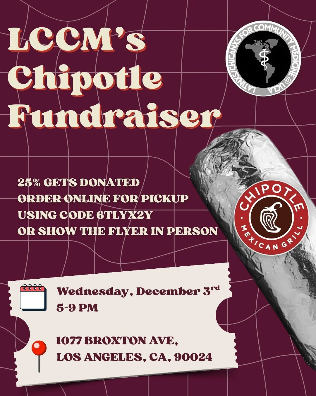 🌯 Grab Chipotle, support LCCM! 🥑
Join us Wed, Dec 3 at Chipotle from 5 to 9 PM&ndash; 1077 Broxton Ave or order online w/ code 6TLYZ2Y 💜