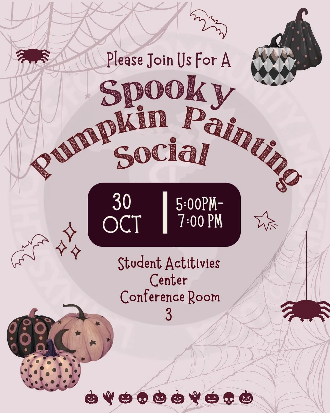 🕸️👻 Spooky season is here, LCCMers! 🎨

Join us for a cozy evening of pumpkin painting, snacks, and good vibes at our LCCM Spooky Pumpkin Painting Social! 🧡
Take a break from midterms, bring your creativity, and come make some boo-tiful memories w