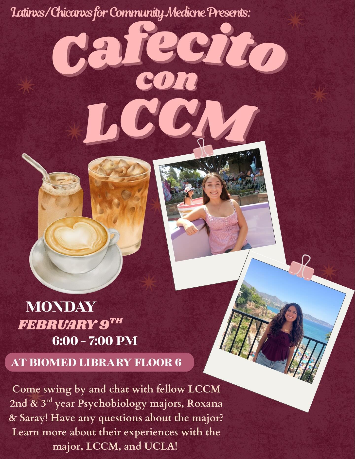 ✨CAFECITO CON LCCM✨!

Our Cafecito con LCCM is a weekly coffee chat with LCCM board members, where anyone can stop by to chat with them!☕️ You can ask questions regarding LCCM, UCLA, their majors, and get to know them a little bit more! 👀 Anyone is 