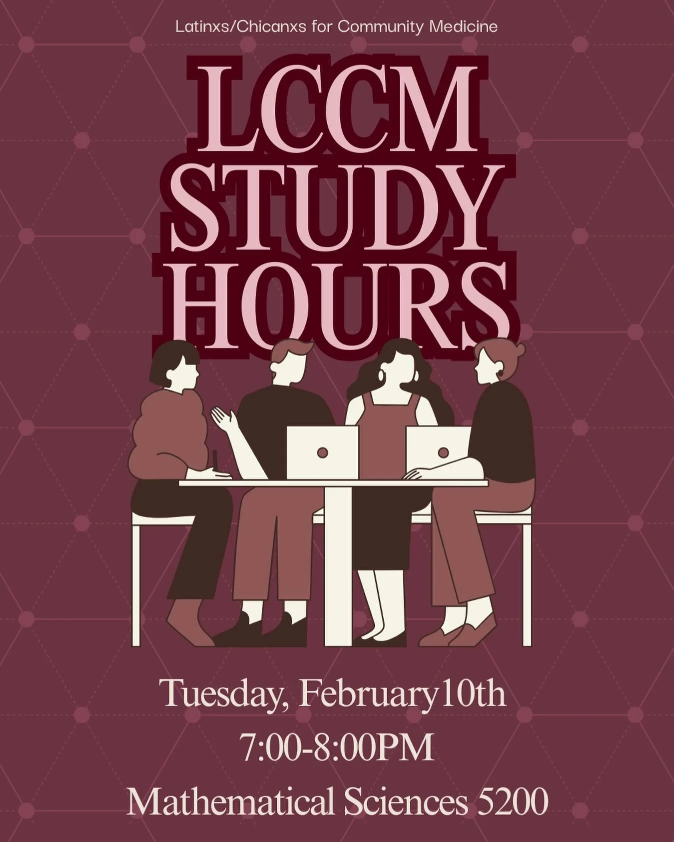 HAPPY WEEK 6 LCCMers!!!!
Tonight&rsquo;s general meeting is dedicated to locking in and getting work DONE 💻📚

Join us for LCCM Study Hours as a group &mdash; a time to grind together in community 💟
Work on internship apps, scholarship apps, job ap