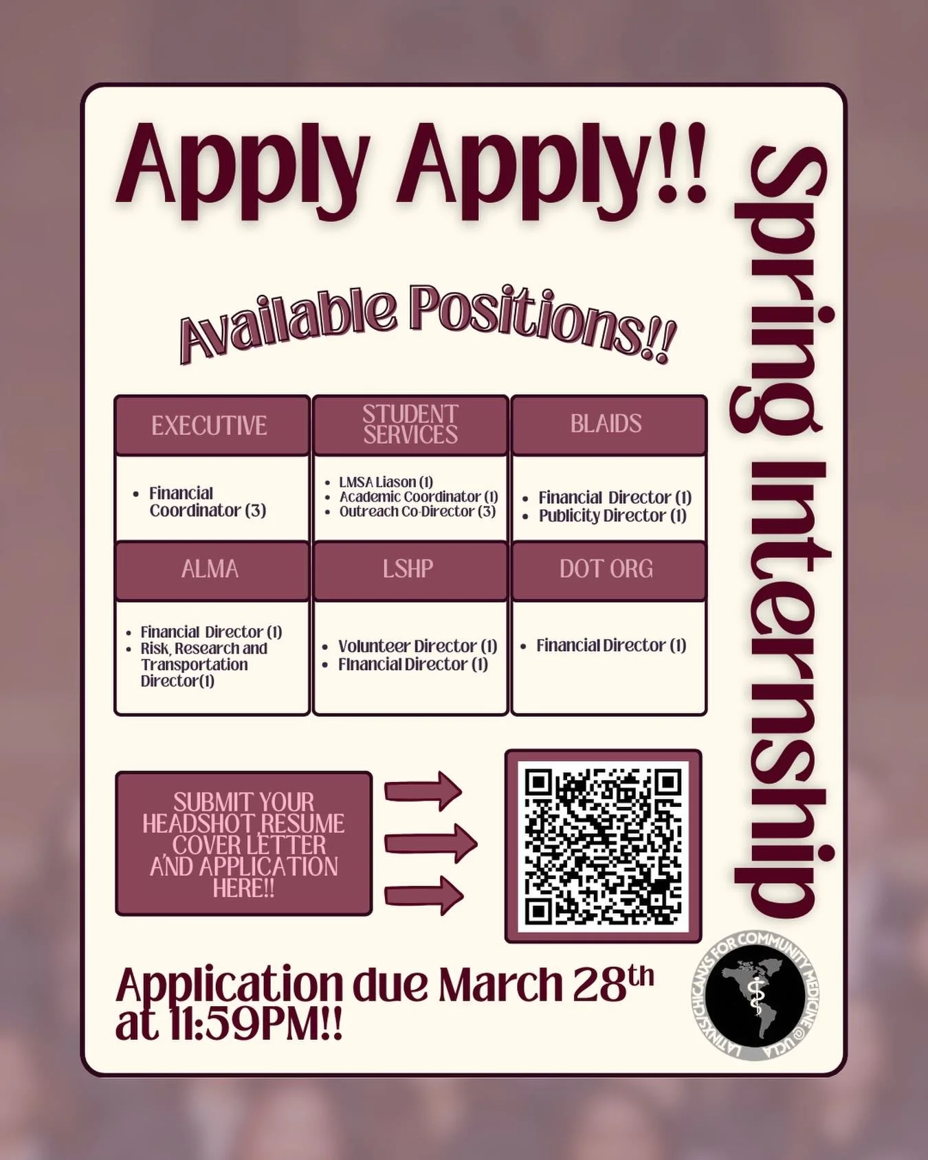 🚨 LCCM Spring Internship Applications Are Now Open!! 🚨

Ready to get more involved with LCCM and make an impact in our community? 🌱 This is your chance to join our team, build leadership skills, and help advance our mission of supporting Latine st