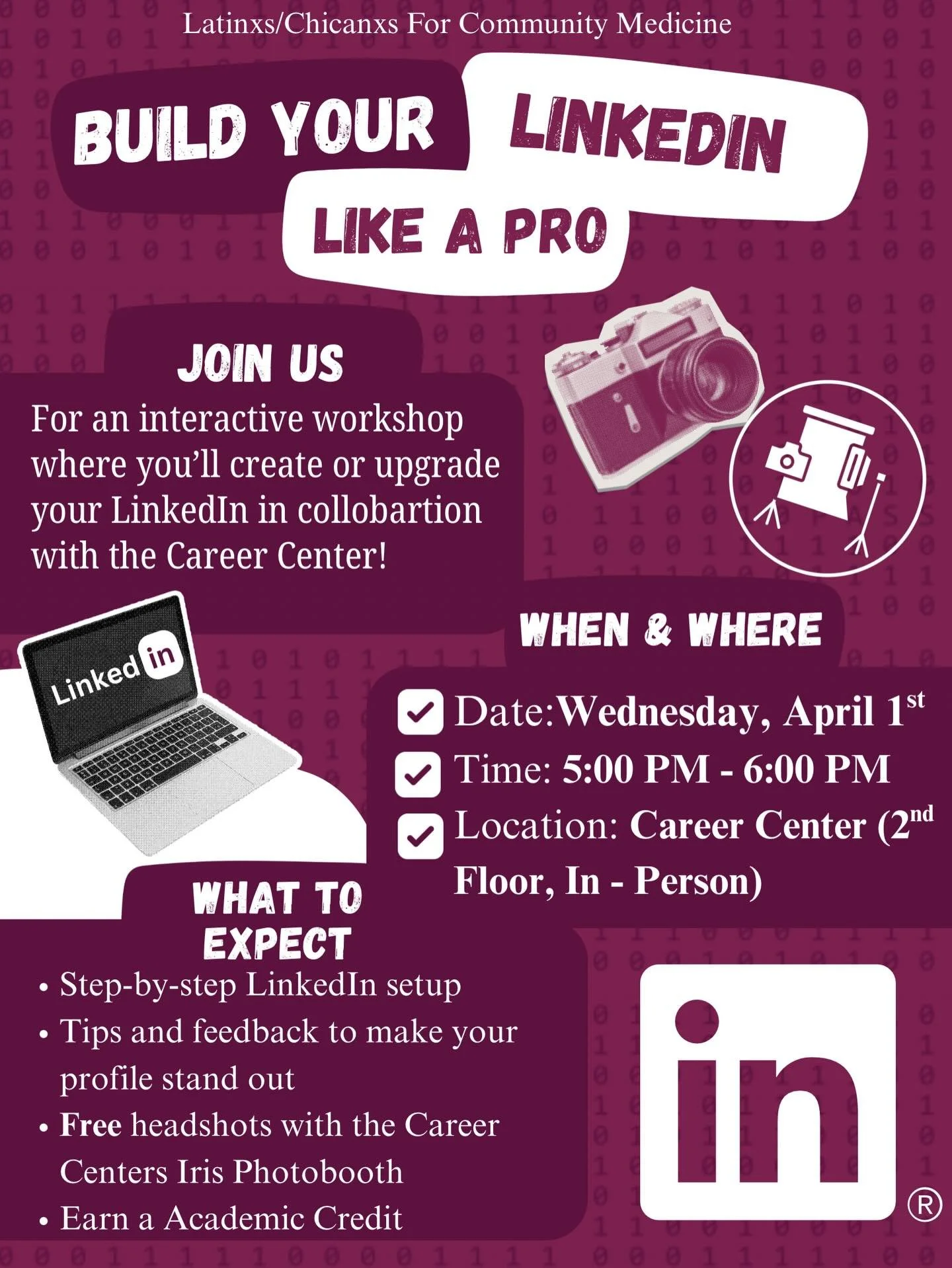 💻 Build Your LinkedIn Like a Pro!🚨

Hey LCCM&rsquo;ers! Ready to level up your professional presence? Join us for an interactive workshop all about creating and optimizing your LinkedIn!

🗓️ Today, April 1st
⏰ 5:00 PM&ndash; 6:00 PM
📍 Career Cent
