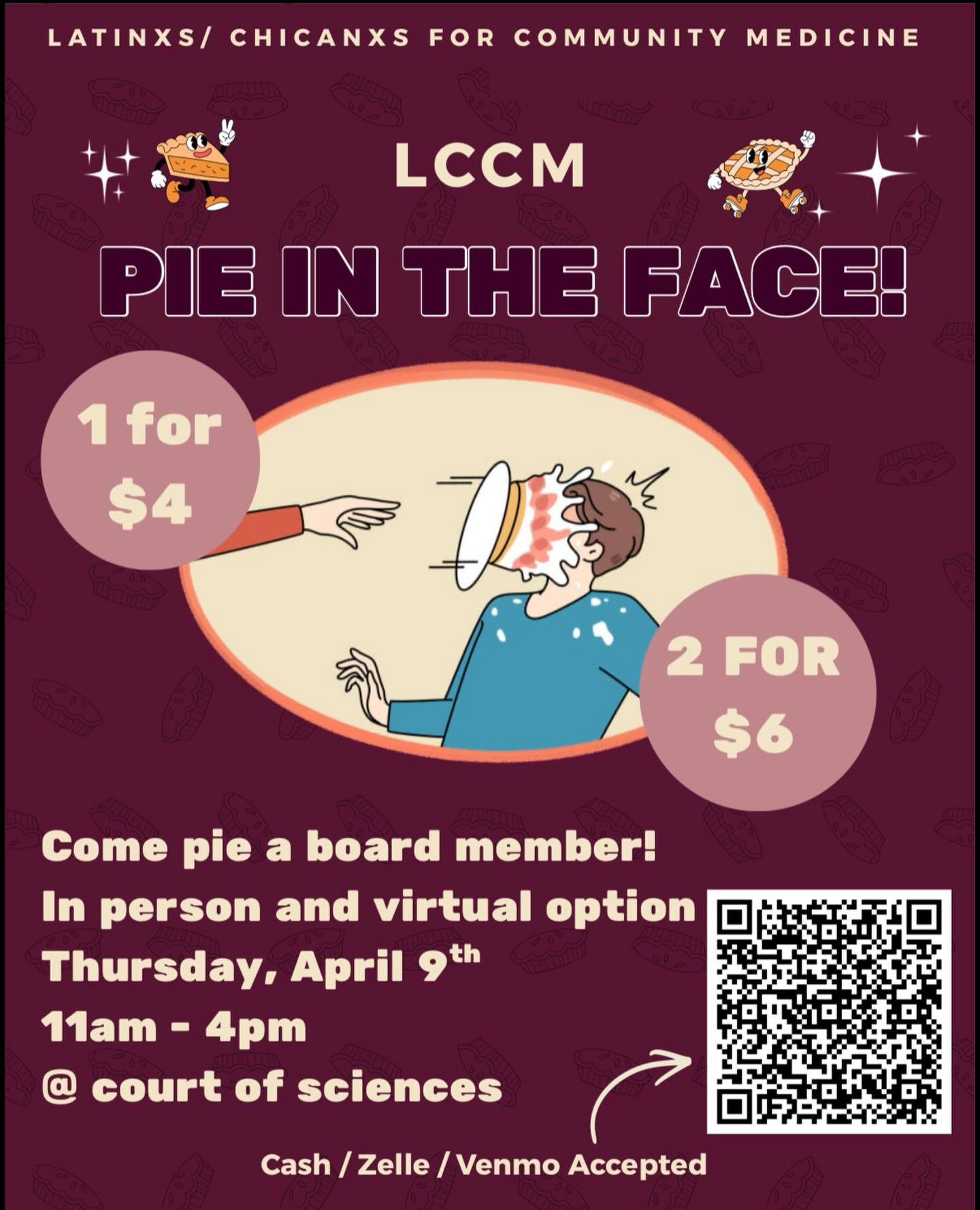 🥧 PIE A LCCM BOARD MEMBER! 🥧

Come join us during Week 2 to pie a board member from LCCM! We will be at the court of sciences, but if you can not make it we will offer a virtual option &mdash; someone will pie for you and we will send you a video ?