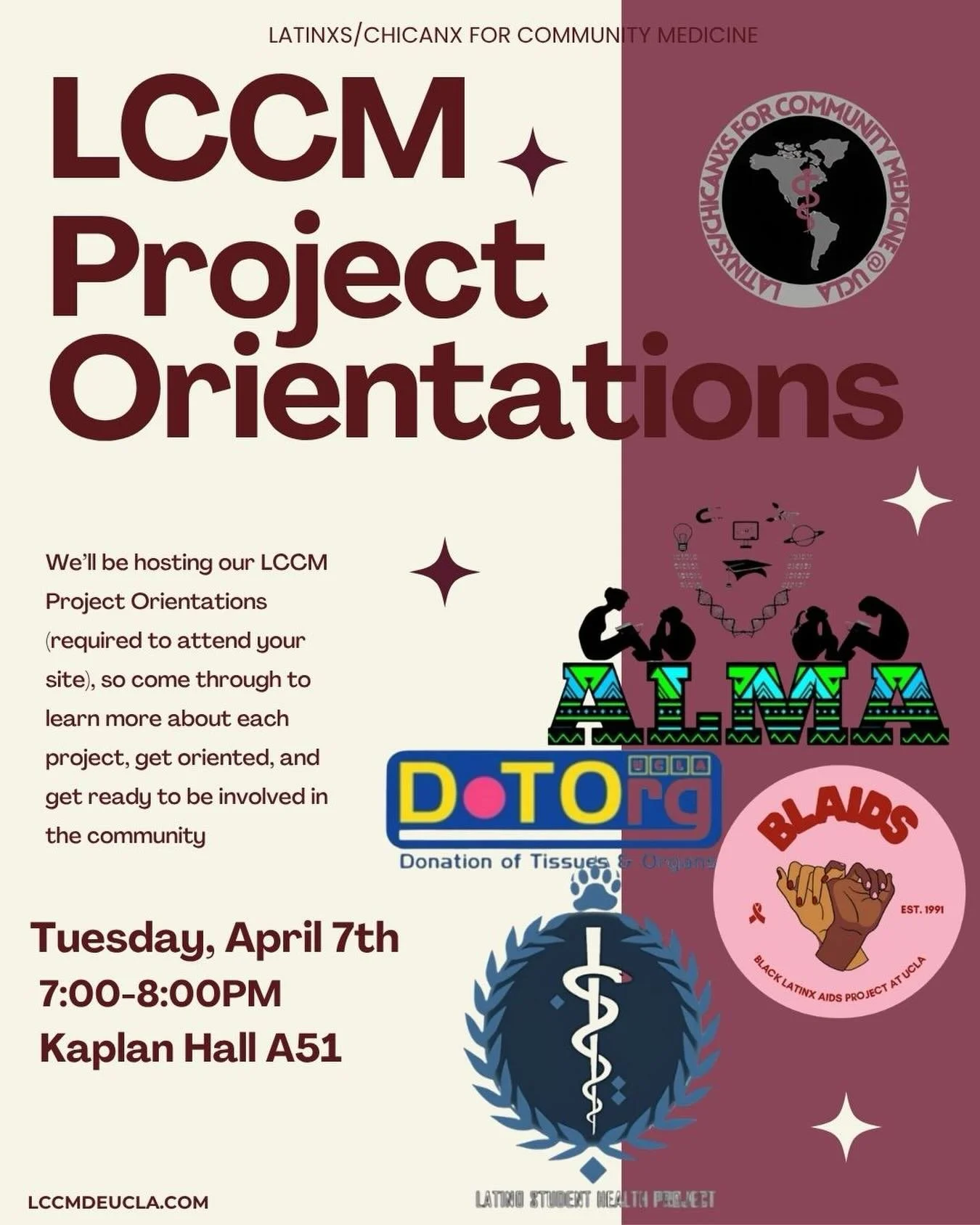 Holaa LCCMers! 

LCCM is back with our first meeting of Spring Quarter tonight! 💌
We&rsquo;ll be hosting our Project Orientations, where each of our amazing projects will be sharing more about what they do ✨ This is a great opportunity to get your o
