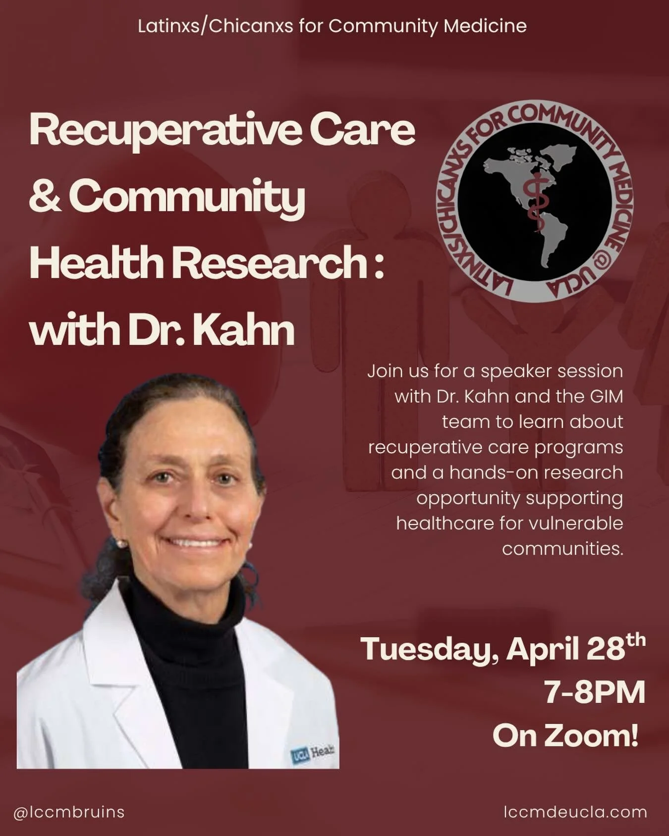 🌟 LCCM General Meeting TONIGHT 🌟

Holaa mis LCCMers, happy Week 5! Tonights General Meeting will be taking place on Zoom this Tuesday from 7-8PM!
We&rsquo;ll be hosting Dr. Kahn and the GIM team from UCLA, who will share about the UCLA evaluation o