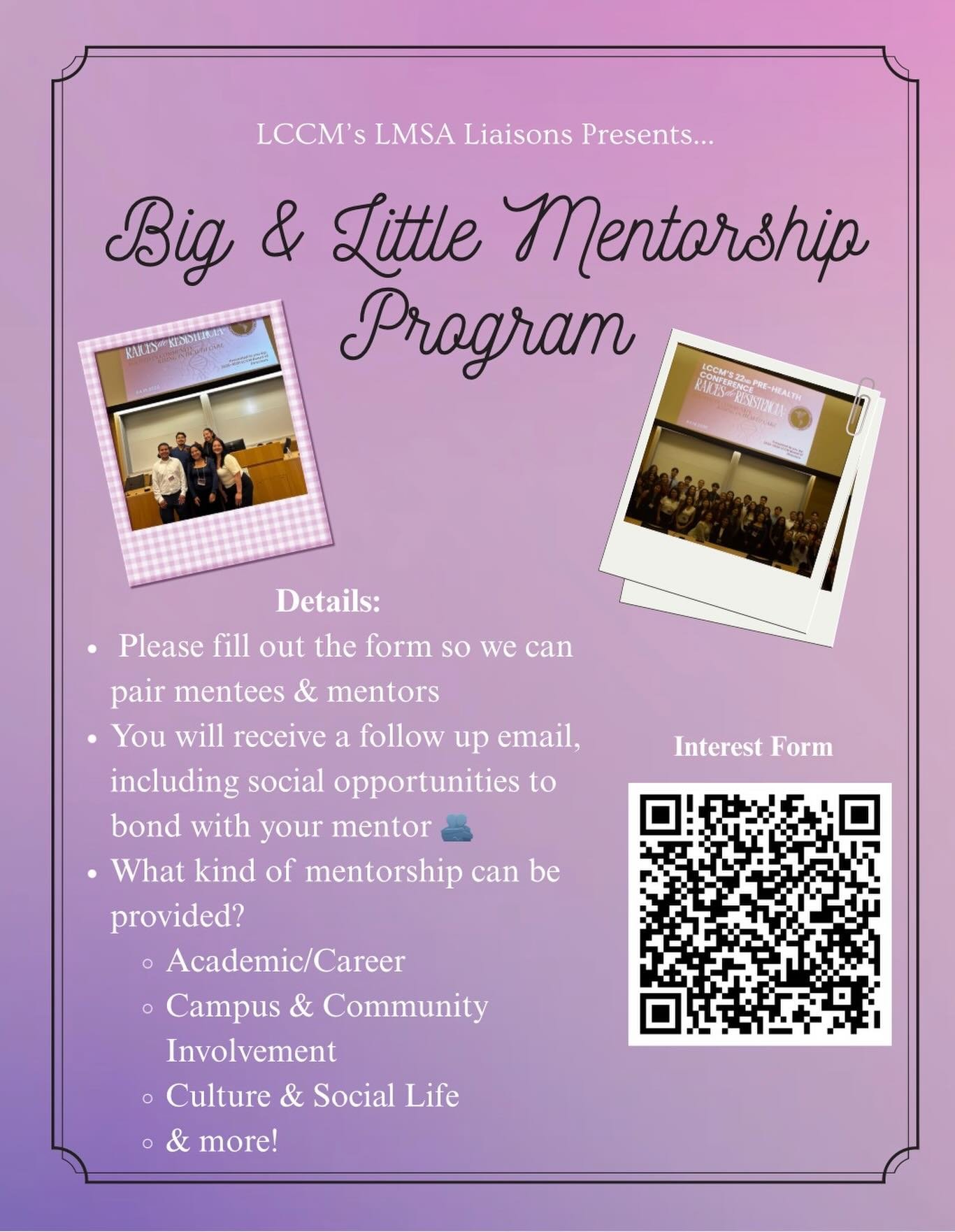 🫂 LCCM BIG + LITTLE PROGRAM 🫂

Are you looking for an undergrad mentor? LCCM is super excited to announce the 🌱BIG AND LITTLE MENTORSHIP PROGRAM!🌱

LMSA Liaisons opened up this amazing opportunity to foster a connection with a fellow LCCM member 