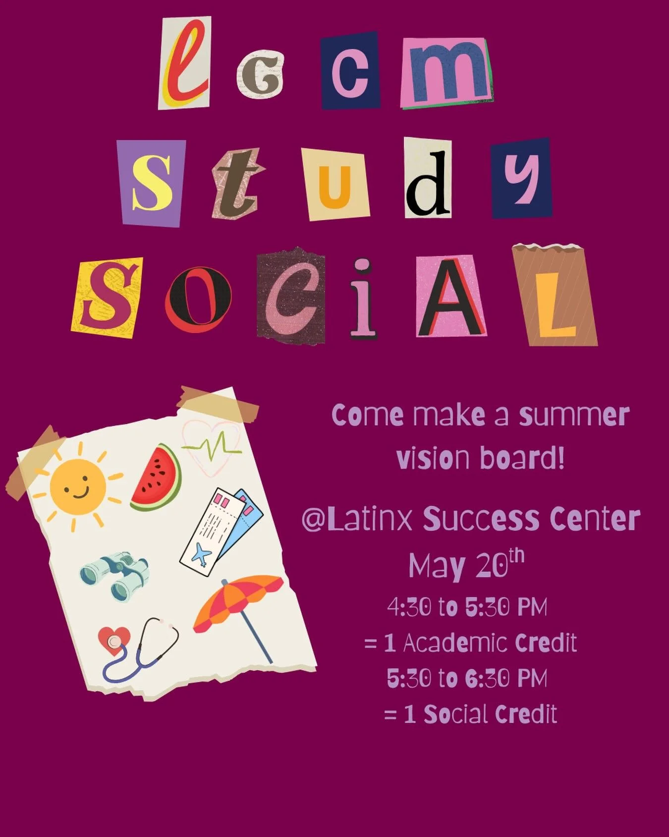 📚 LCCM STUDY SOCIAL 📚

Got midterms still? Preparing for finals? Well this social is for YOUU!📚🧪 

Come join LCCM at our study social THIS WEDNESDAY at the Latinx Success Center from 4:30-6:30! 💌🌞 

🕔4:30-5:30PM - Academic Hour to gain 1 acade