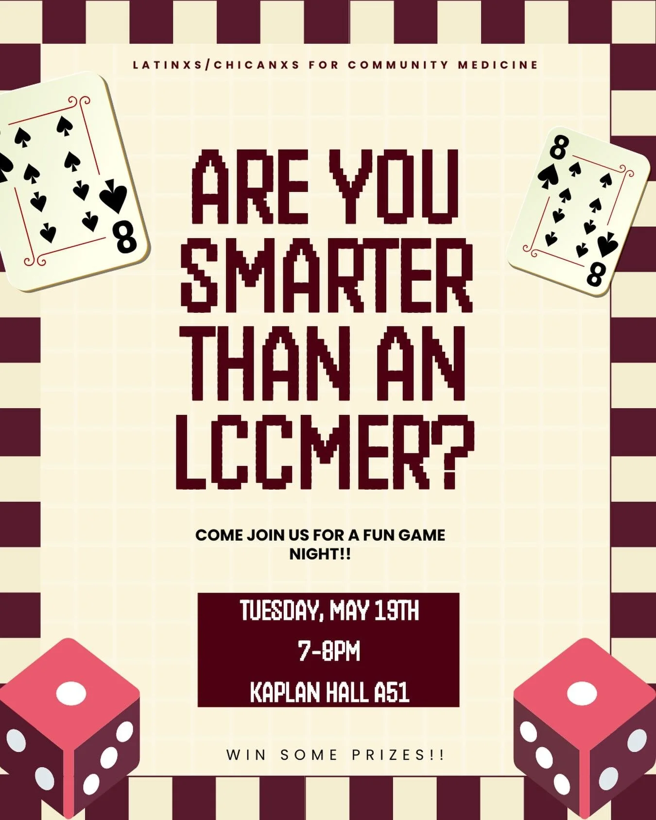 ✨ Happy Week 8 mi gente!! 🧠💙💛

Join us TODAY for a fun game night with your fellow LCCMers as we play ✨Are You Smarter Than an LCCMer?✨ 😭🏆

Come hang out, laugh, de-stress a little before finals season hits, and test your knowledge on all things