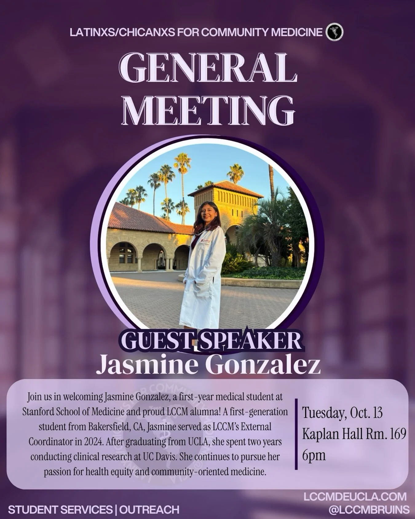 💜 LCCM GENERAL MEETING: GUEST SPEAKER! 💜

Join us this Tuesday as we welcome Jasmine Gonzalez, a proud LCCM alumna and current first-year medical student at Stanford School of Medicine! 🩺

Jasmine previously served as LCCM&rsquo;s External Coordin
