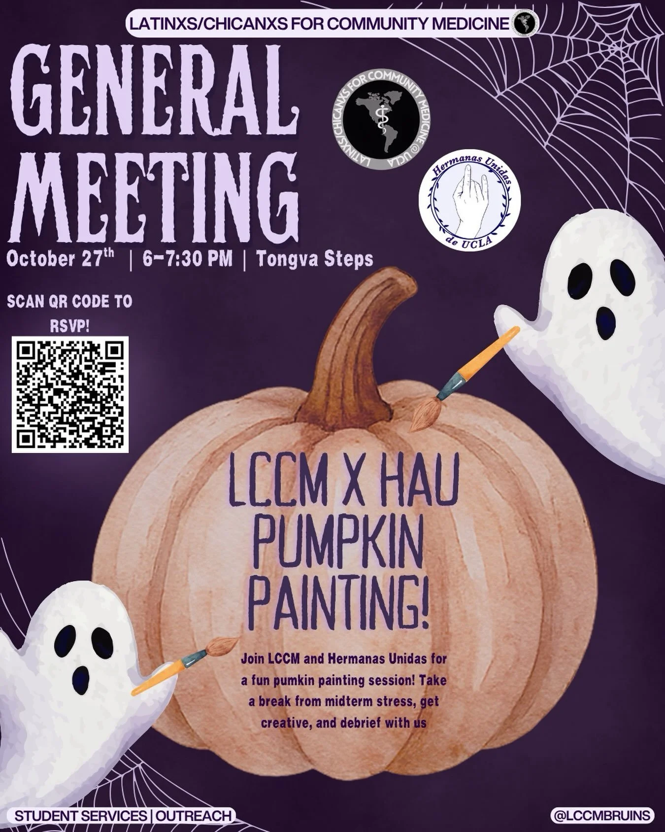 LCCM X HAU PUMPKIN PAINTING! 🎃🎨👻

Join LCCM x Hermanas Unidas (HAU) for a fun evening of pumpkin painting! 🖌️ Take a break from midterm stress, get creative, and spend some time with our community! 💜

📅 Tuesday, October 27th
⏰ 6:00&ndash;7:30 P
