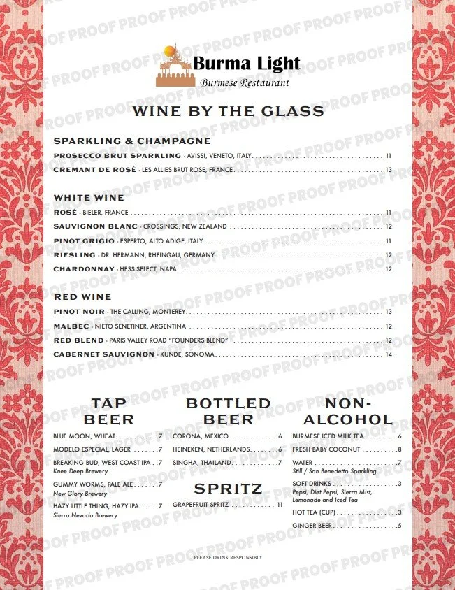 Menu titled 'Burma Light Burmese Restaurant' offering wine, beer, and non-alcoholic drinks with various options listed.