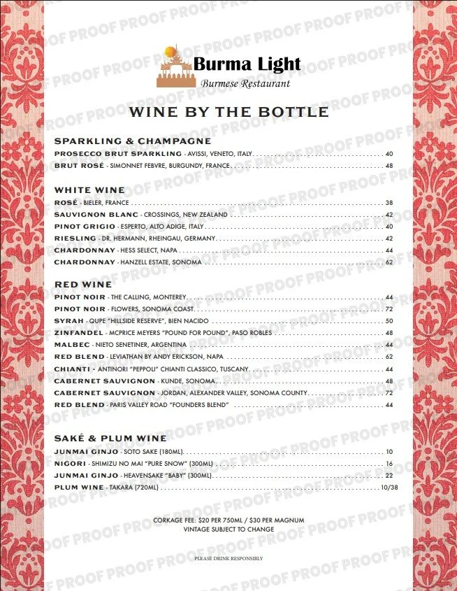 Menu from Burma Light Burmese Restaurant featuring wine options including sparkling, white, red, and sake wines, with prices specified for each type.