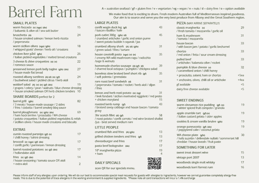 Menu from Barrel Farm listing small plates, large plates, pizza, share boards, extras, little people, sweet endings, and something for later.