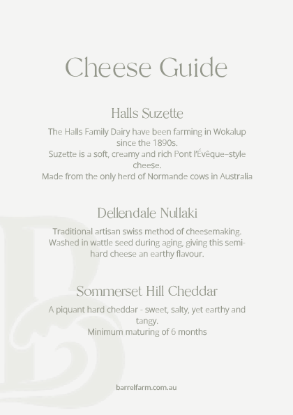 Text-based cheese guide featuring descriptions of three cheese types: Halls Suzette, Dellenddale Nullaki, and Sommerset Hill Cheddar, with a pale background and faint decorative element.