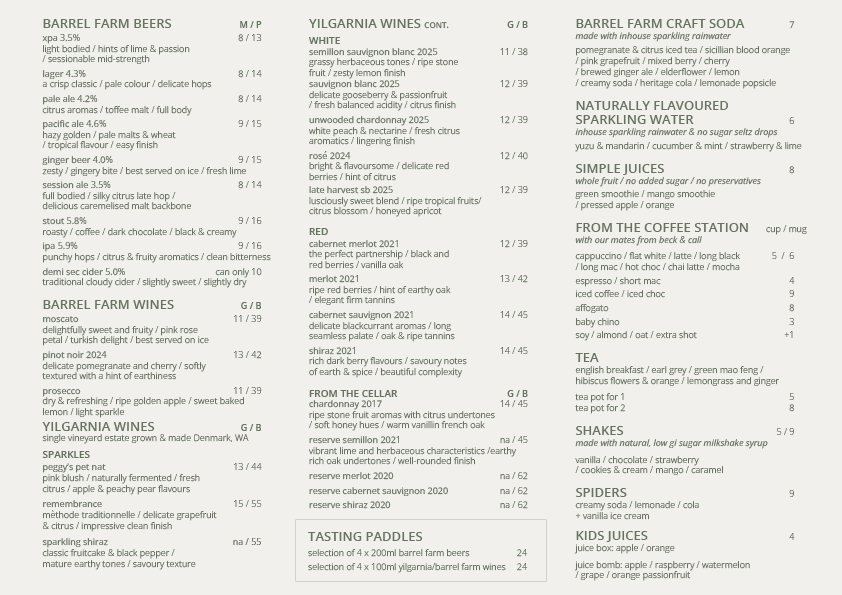 Beer, wine, craft soda, sparkling water, juices, and various beverages at Barrel Farm. Descriptions include types of beers, wines, and non-alcoholic options.