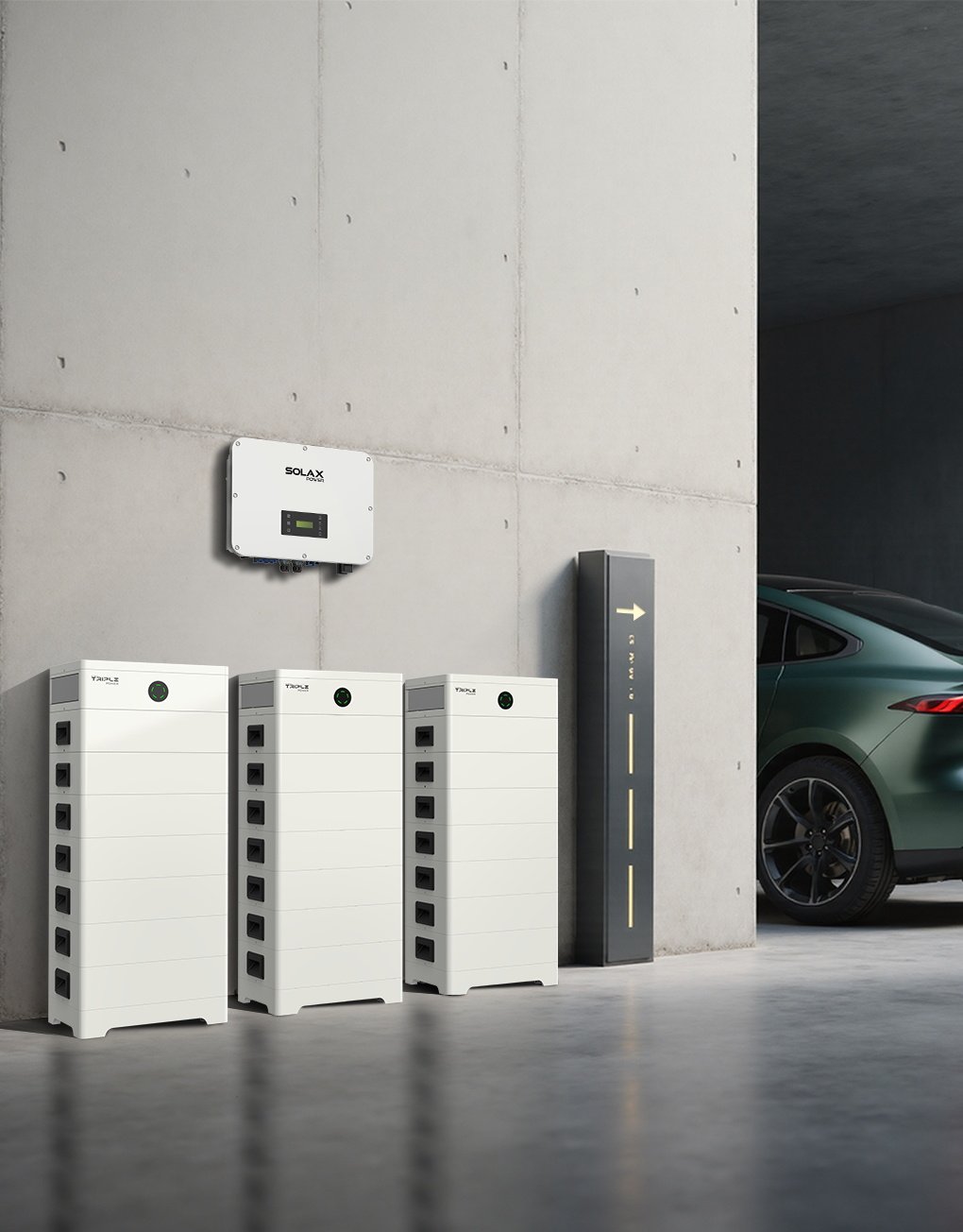 Solar inverter and modular battery storage installed beside an electric vehicle in a garage