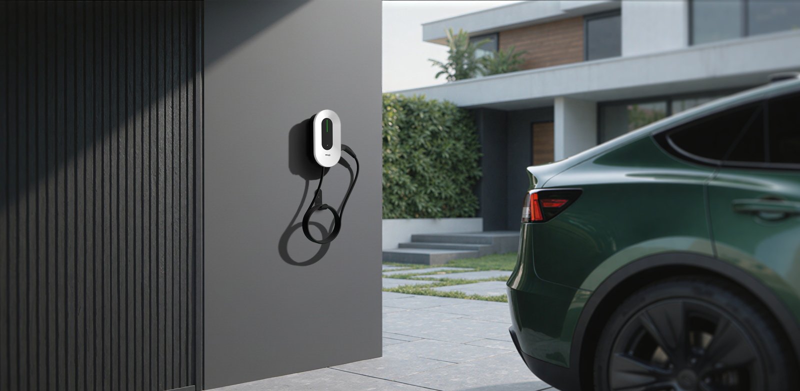 SolaX wall-mounted EV charger beside an electric vehicle at a modern home