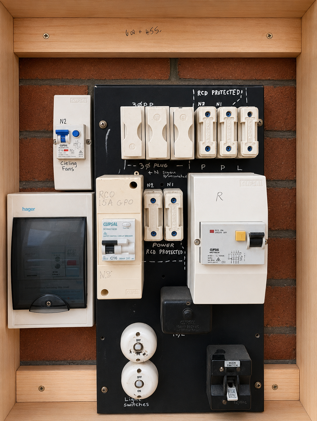 Older residential fuse board with ceramic fuses and ageing circuit protection