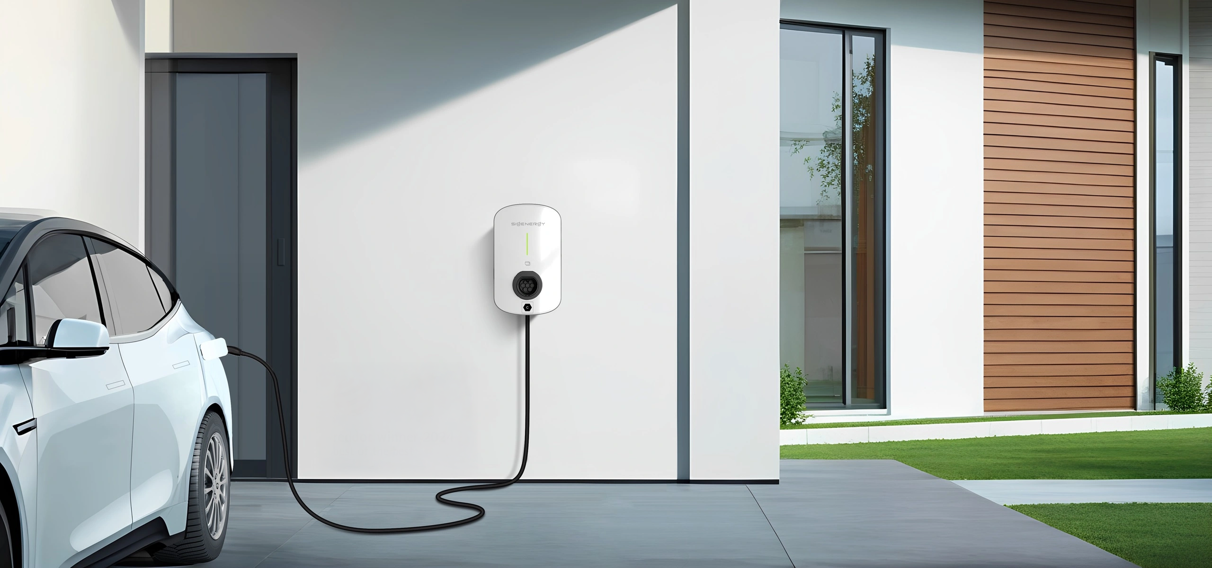 Wall-mounted electric vehicle charger connected to an EV outside a modern home