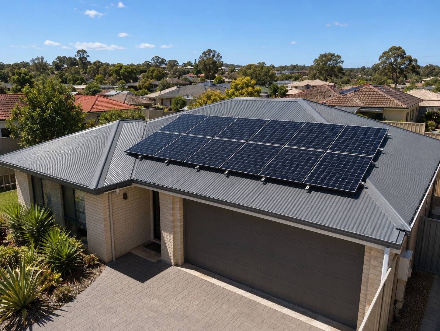Residential solar panel installation on a grey metal roof in suburban Perth