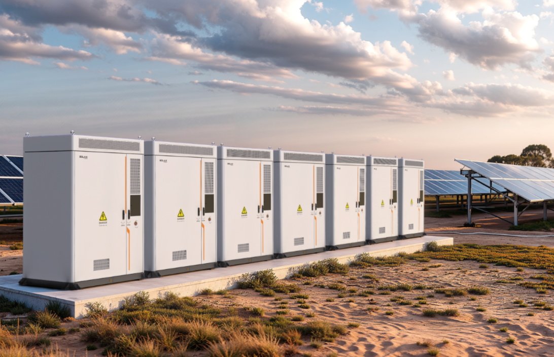 SolaX battery storage cabinets installed beside a ground-mounted solar panel array