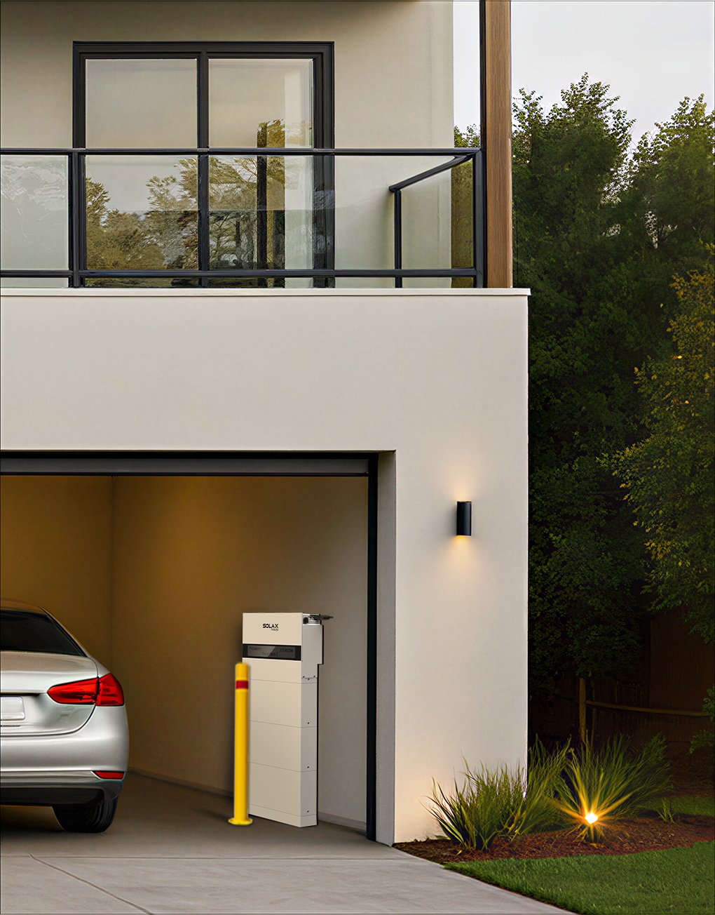 SolaX home battery beside the garage of a modern perth residence