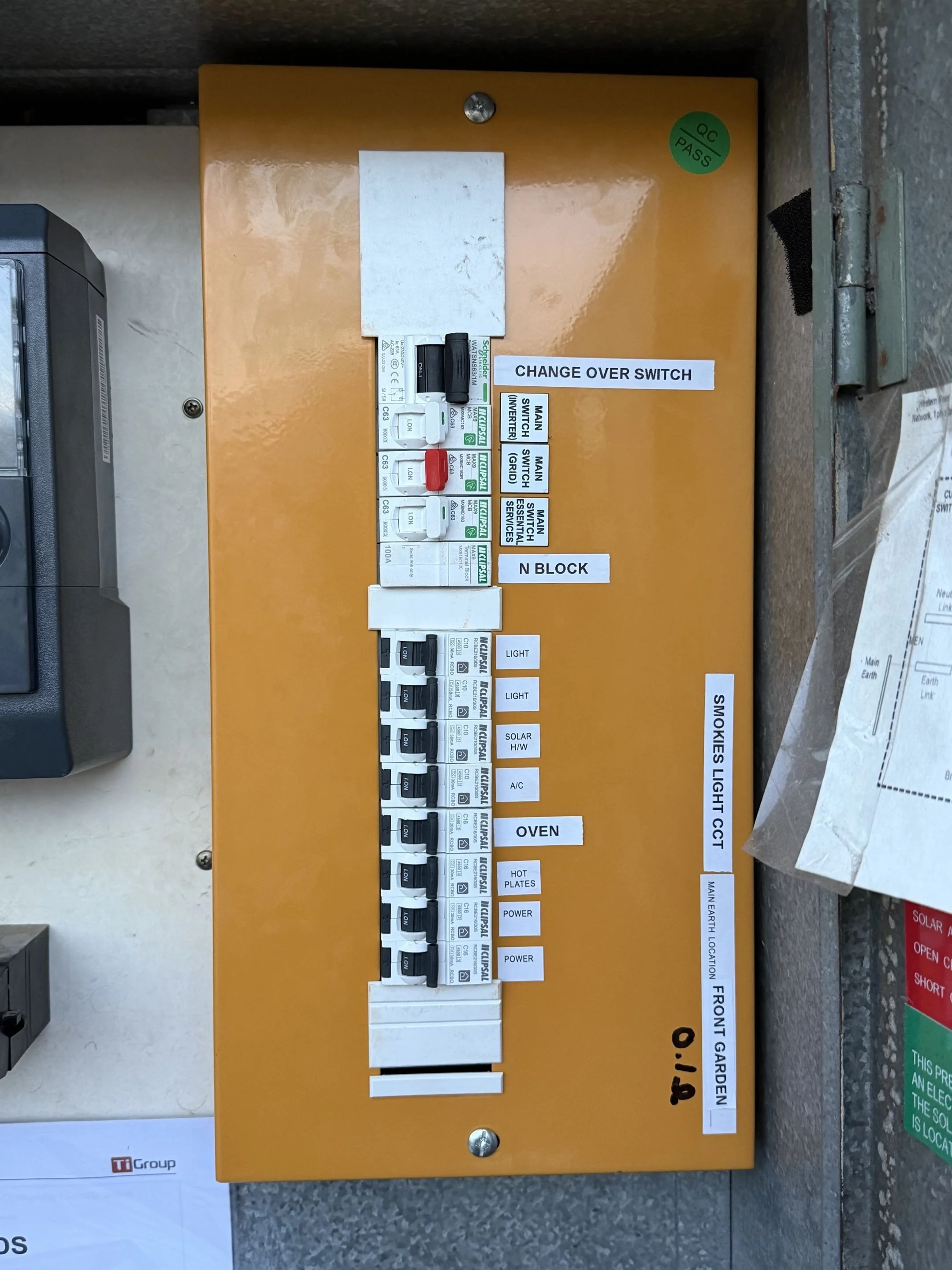 Residential switchboard with RCD safety switches and labelled electrical circuits